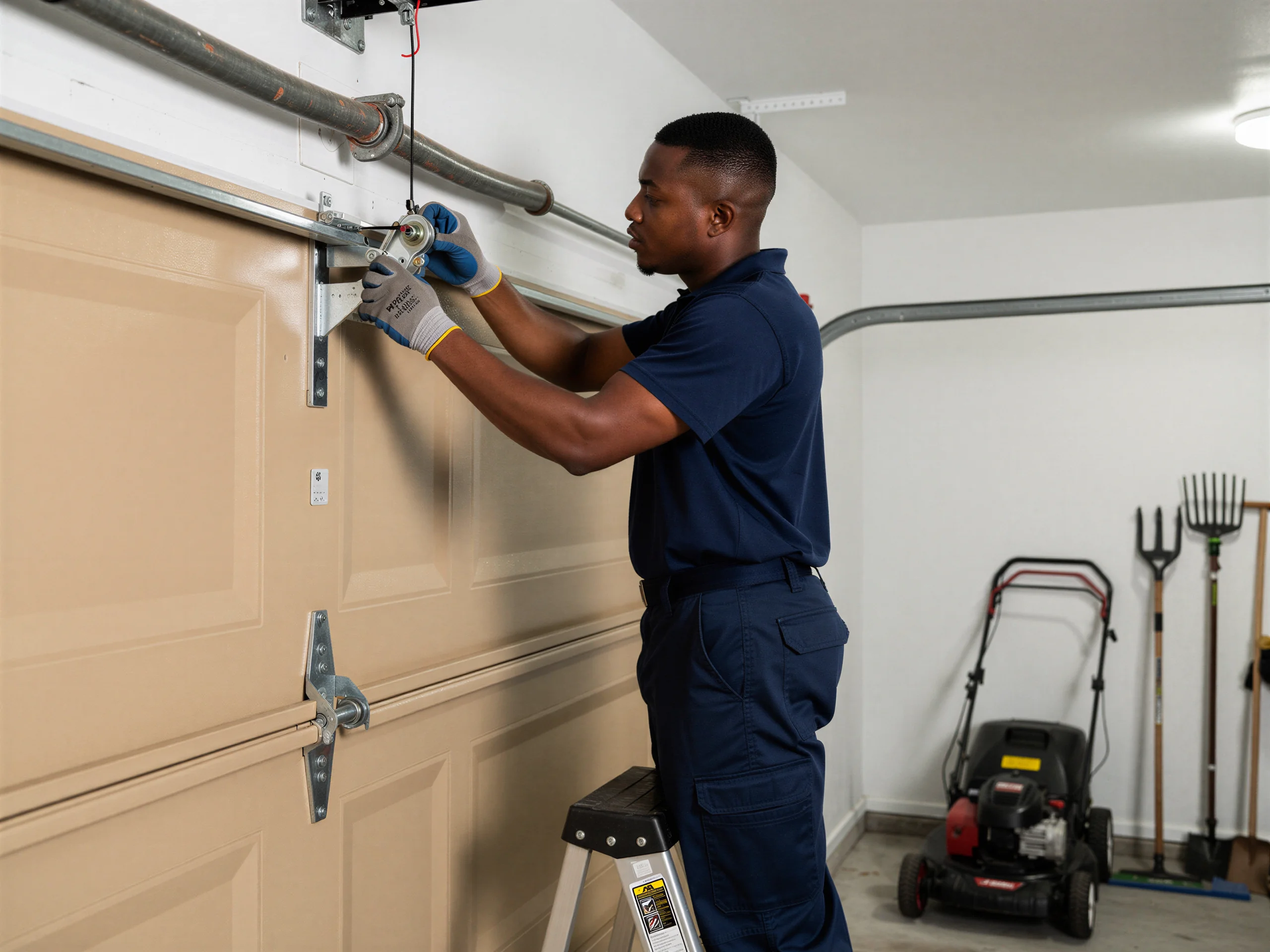 A technician on a ladder adjusts the top roller of a tan garage door.