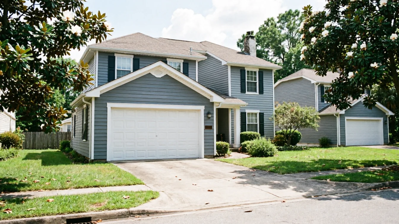 A two-story house with a white garage door and gray siding.